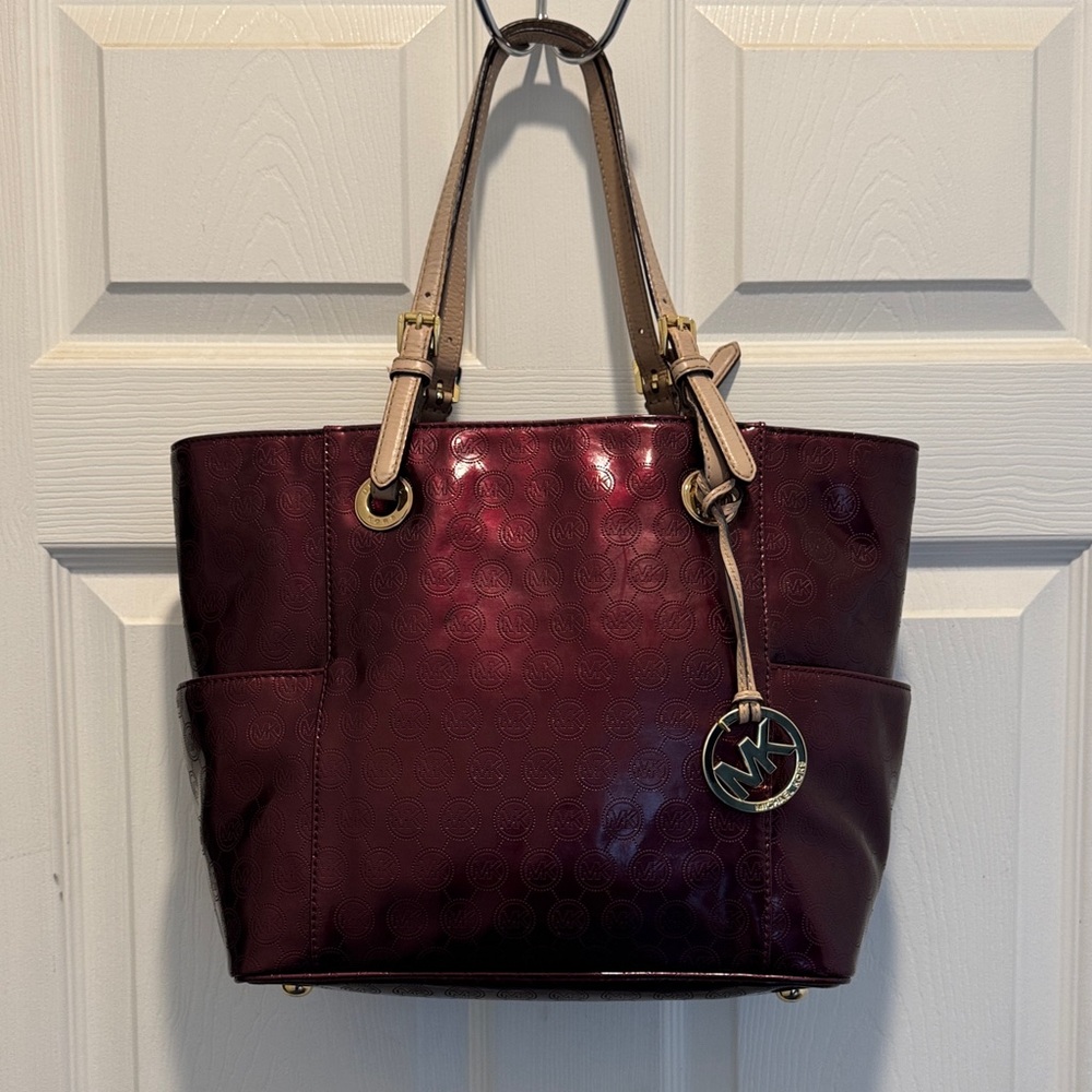 Michael Kors Burgundy Patent Leather Monogram Tote Bag